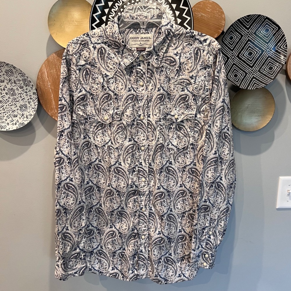 Cody James Mens Blue Paisley Western Snap Front Long Sleeve Shirt Large Cotton